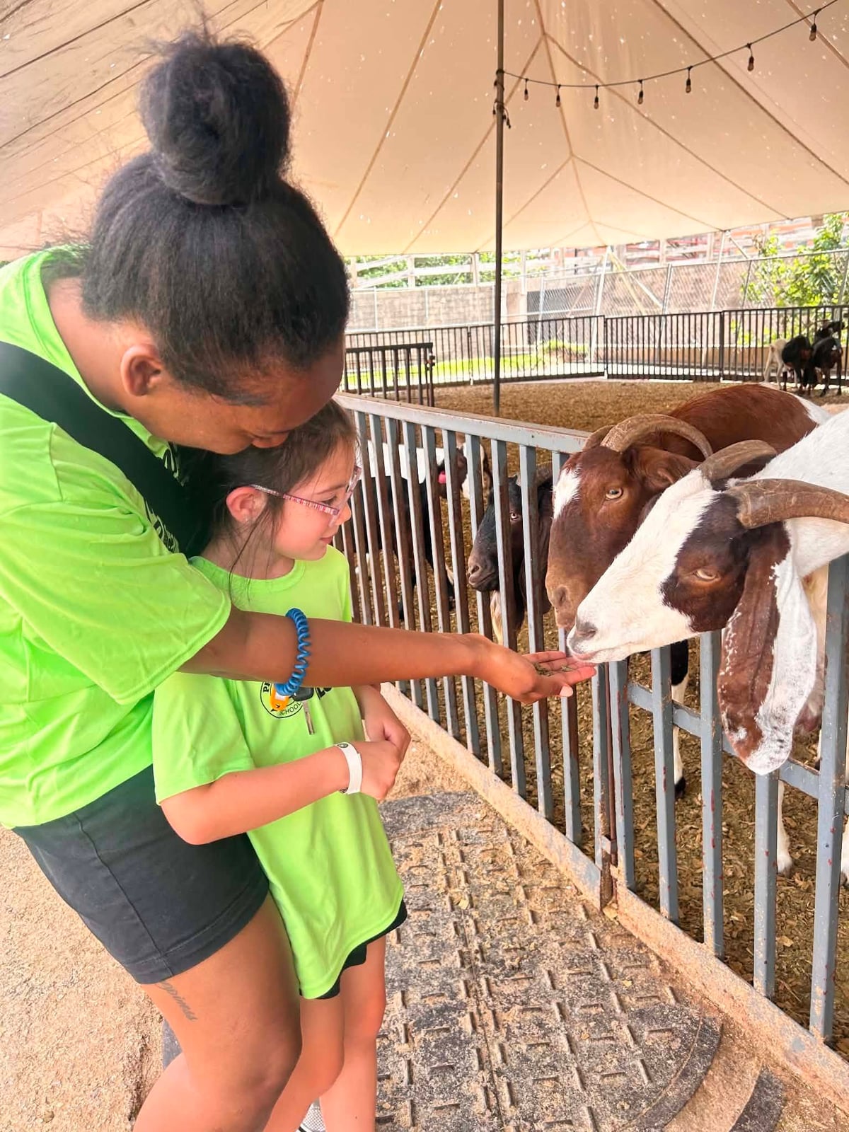 A child and her teacher enjoying a field trip during summer camp to the Fort Worth Stockyards