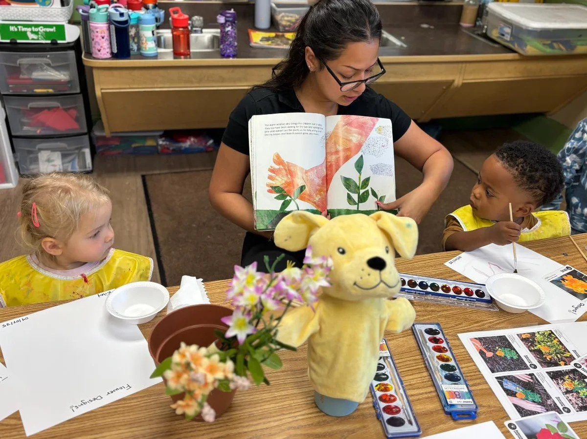 children painting with watercolors with a teacher reading a book
