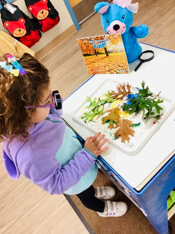 a child using a magnifying glass to observe leaves