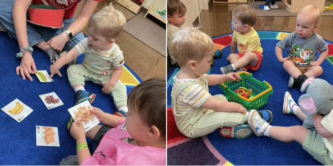 young children playing with pretend healthy food