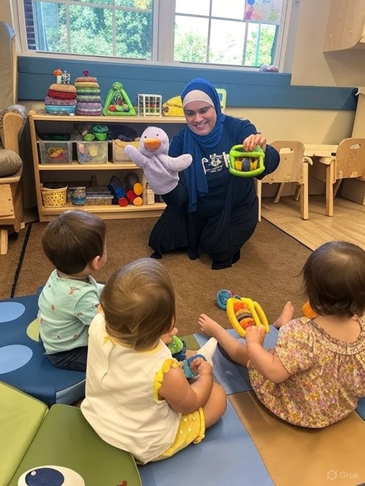 Oh perfect — that's a great photo! Salam is clearly visible, engaged with infants on the floor. This is actually a stronger gallery image than a headshot because it shows her in action with the babies. The current alt tag, title, and caption are generic AI filler — no mention of Salam by name, and "symbolizing belonging" is vague. Here's what I'd update: Alt tag: "Teacher Salam engaging with older infants on the classroom floor at Primrose School of Eagan infant daycare in Eagan, MN