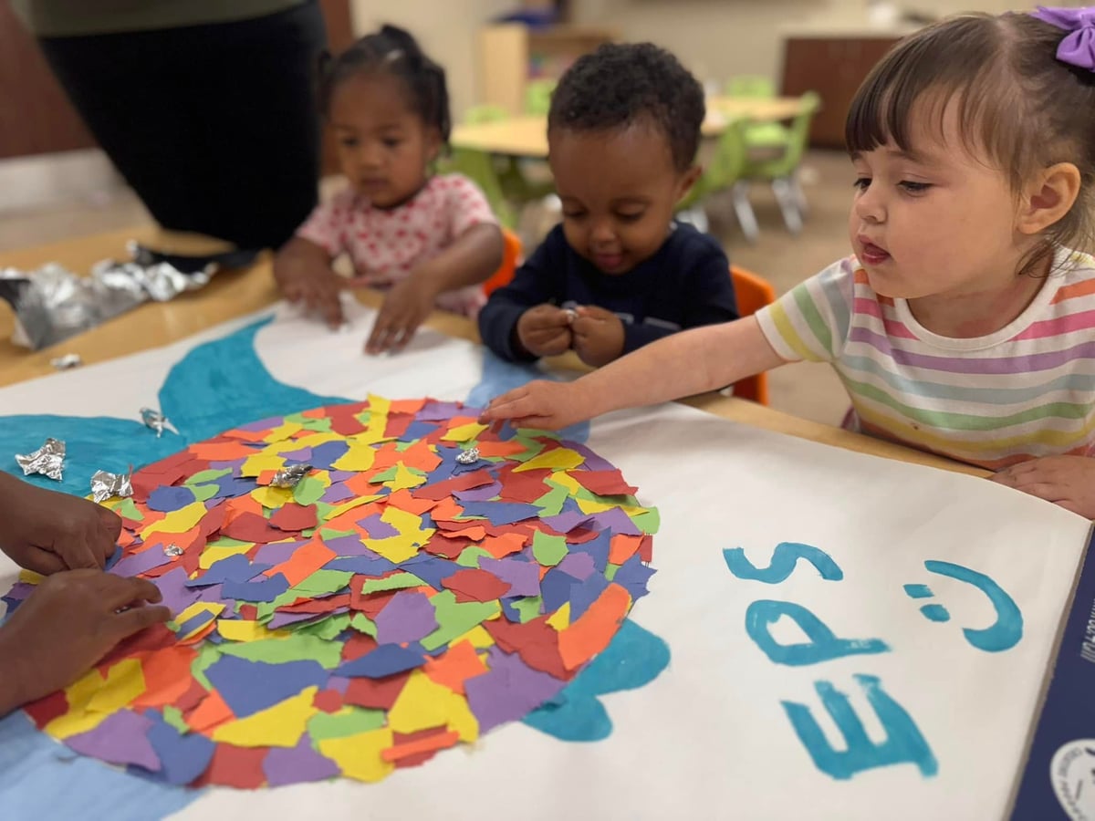 children creating a colorful collage