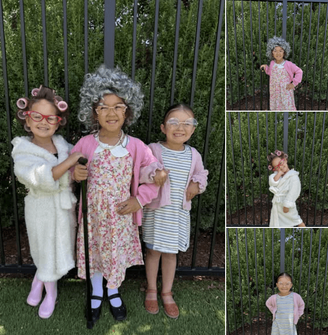 young children dressed up as grannies with wigs and glasses