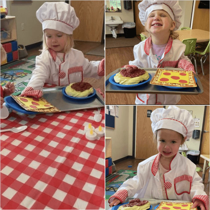 children dressed as chefs playing with pretend pizza