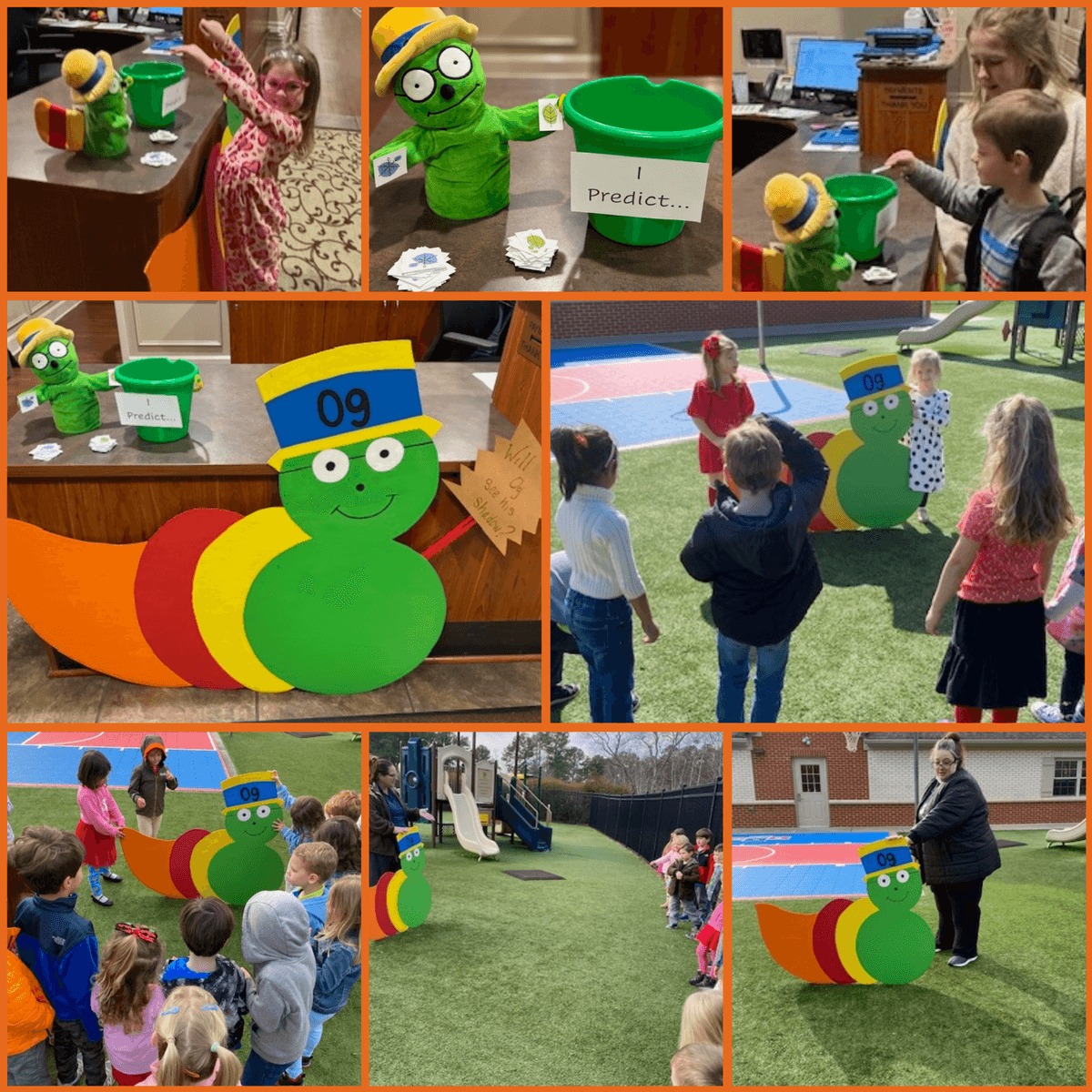 Teachers and children posing with Og the bookworm