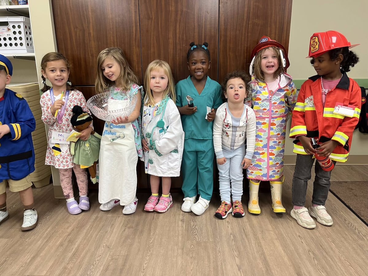 Children at Primrose School of Fairfax dressed up as future professionals such as doctors, astronauts, and teachers during Future You Day.