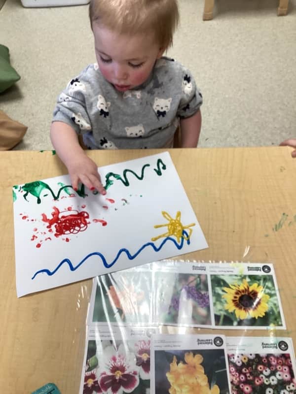Child using their hands to paint a picture of flowers while learning the different parts of the flower.