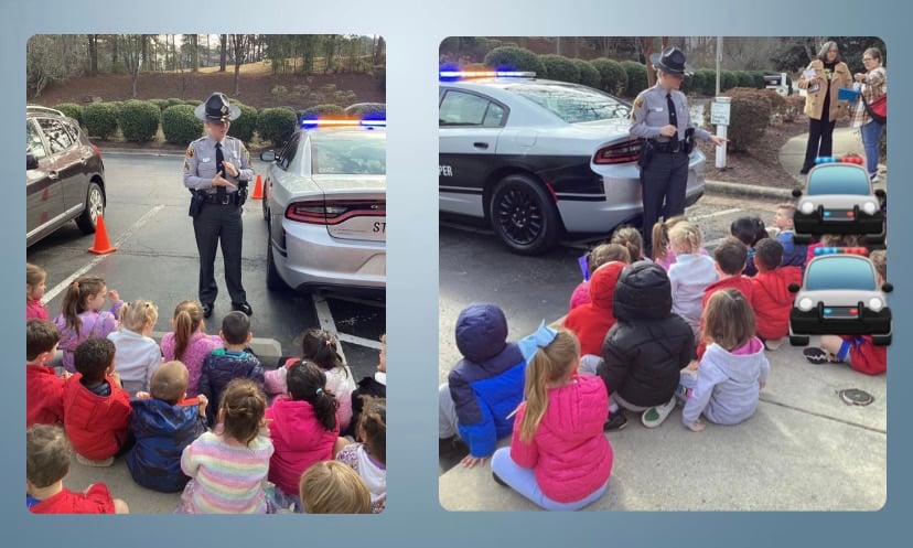 Primrose School students learning about community safety with a local police officer on National Law Enforcement Day