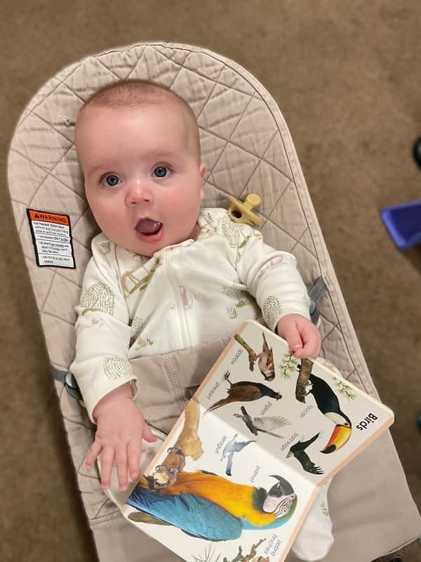 baby in a bouncer chair holding a book with images of birds on it