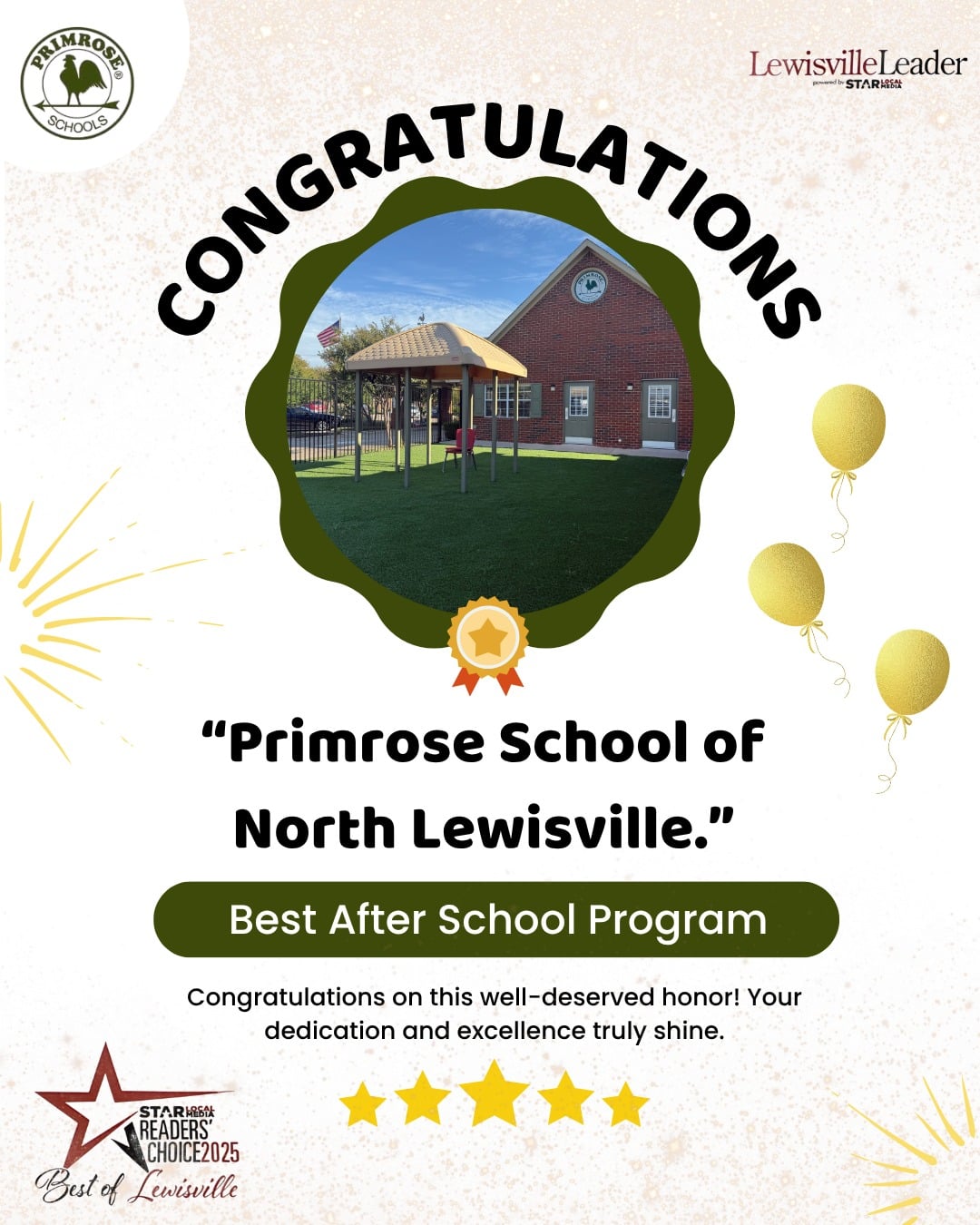 Primrose School of North Lewisville named Best After School Program in Lewisville, Texas, Star Reader's Choice Awards 2025